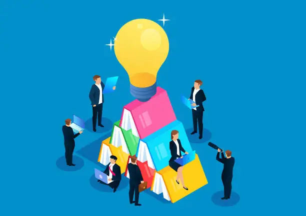 Vector illustration of Isometric business education and learning, a group of businessmen learning to read next to stacked books and shiny light bulbs