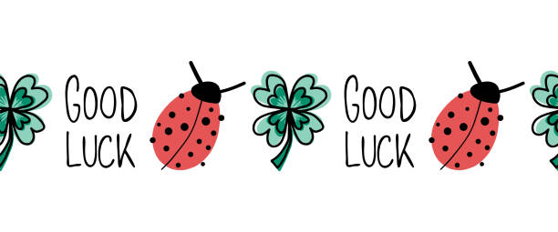 ilustrações de stock, clip art, desenhos animados e ícones de good luck, ladybug, four-leaf clover seamless vector border. horizontal repeating hand drawn fortune icons. use for new years, greeting cards, banners, letterhead, footer, fabric trim , ribbons - four leaf clover clover luck leaf