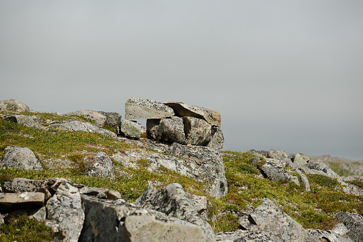 A pile of rocks on a mountainside covered with moss