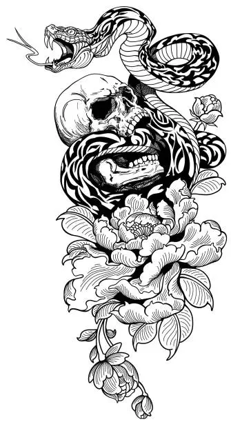Vector illustration of Snake and Broken skull and Peony. Black and white