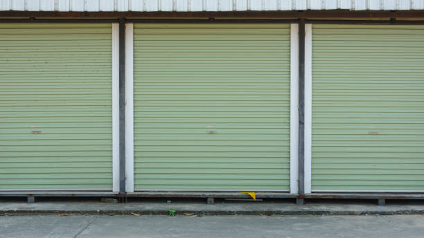 istock Green garage gate, metal material, steel 1220306638