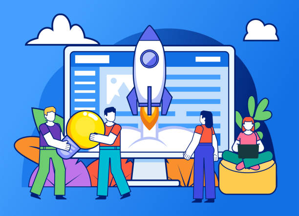istock Online web startup. Group of people stand near big web page, new website launch 1220306753