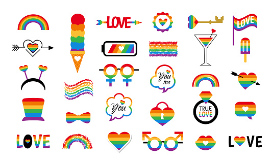 LGBT icon vector set with flag and rainbow. Pride parade cartoon elements. Gay party stickers.