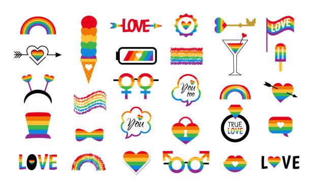 LGBT icon vector set pride flag  rainbow LGBT icon vector set with flag and rainbow. Pride parade cartoon elements. Gay party stickers. honor illustrations stock illustrations