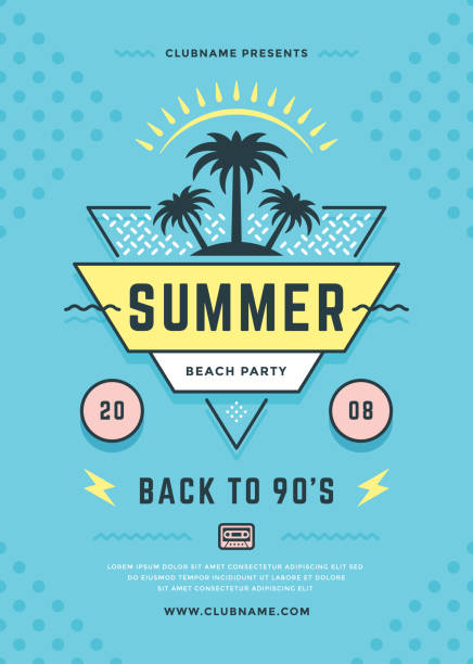 illustrazioni stock, clip art, cartoni animati e icone di tendenza di volantino per feste in spiaggia estivo o modello poster design in stile tipografia anni '90 - musica tropicale