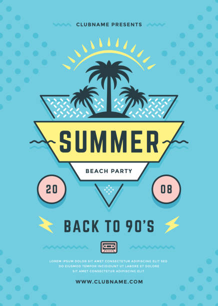 Summer beach party flyer or poster template 90s typography style design Summer beach party flyer or poster template 90s typography style design. Vector illustration. beach party stock illustrations