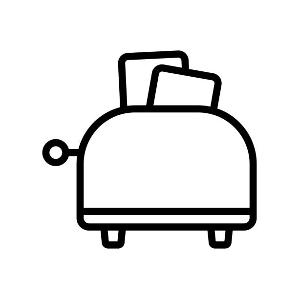 ilustraciones, imágenes clip art, dibujos animados e iconos de stock de tostadora mecánica con dos rebanadas de ilustración de contorno vectorial de icono de pan - tostadora