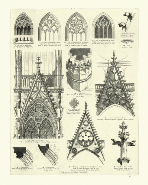 Medieval cathedral architecture, Canopy, Windows, Ribs, Finial Vintage engraving of medieval cathedral architecture, Canopy, Windows, Ribs, Finial decorative-finials stock illustrations