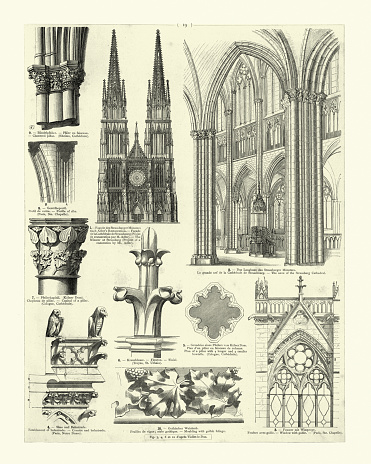 Vintage engraving of Medieval cathedral architecture, nave, clustered pillar, facade, window, gable, finial, moulding with gothic foliage