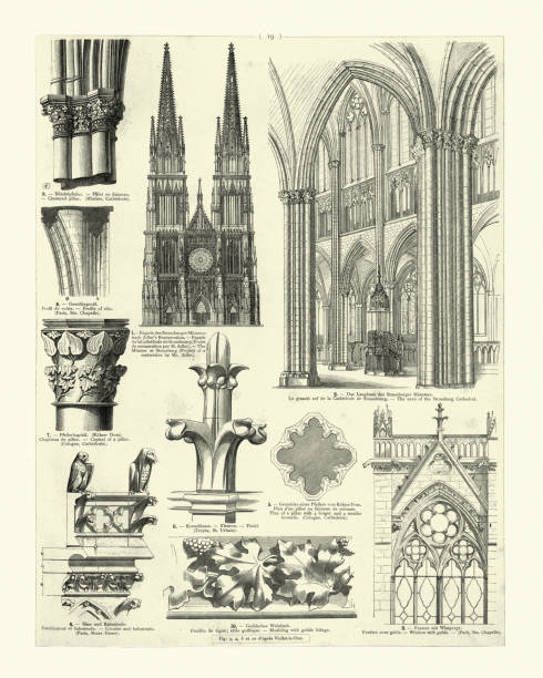 Medieval cathedral architecture, nave, clustered pillar, facade, window, gable Vintage engraving of Medieval cathedral architecture, nave, clustered pillar, facade, window, gable, finial, moulding with gothic foliage notre dame de strasbourg stock illustrations