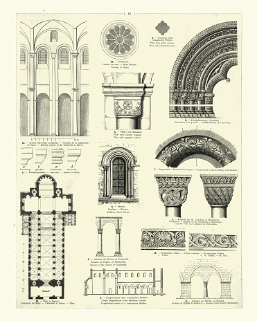 Vintage engraving of examples of Romanesque architecture, Rose window, Arches, Mouldings. Romanesque architecture is an architectural style of medieval Europe characterized by semi-circular arches.