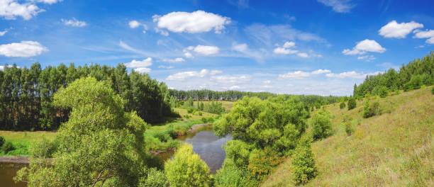 istock Beautiful summer sunrise nature landscape with river 1220312773