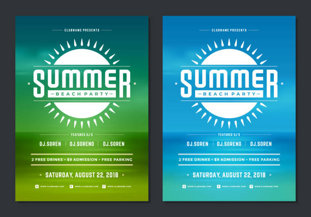 Summer party design poster or flyer night club event modern typography Summer party design poster or flyer night club event modern typography and seascape background. Vector template illustration. club concert stock illustrations