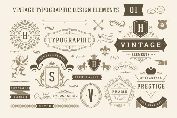 Vintage typographic design elements set vector illustration Vintage typographic design elements set vector illustration. Labels and badges, retro ribbons, luxury ornate logo symbols, calligraphic swirls, flourishes ornament vignettes and other. ornaments & decorations stock illustrations