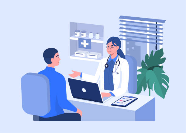 doctor and patient Man Talking with Woman Doctor in Office. Patient having Consultation about Disease Symptoms with Doctor Therapist in Hospital. Medical People Characters.  Flat Cartoon Vector  Illustration. doctor patient stock illustrations