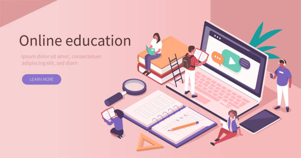 online education concept Students Learning Online at Home. People Characters  Looking at Laptop and Studying with Smartphone, Books and Exercise Books. Online Education Concept. Flat Isometric Vector  Illustration. e learning stock illustrations