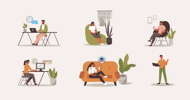people at home office People Characters Working at Home Office.  Freelancers Working on Computers, Laptops, Smartphones and Talking with Colleagues Online. Home Office Concept.  Flat Cartoon Vector Illustration. stay at home order stock illustrations