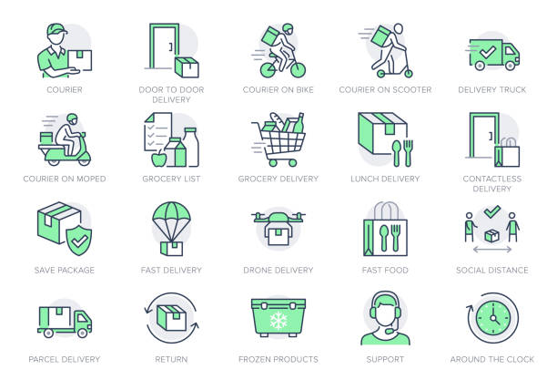 Food delivery line icons. Vector illustration included icon as coutier on bike, door contactless delivering, grocery list outline pictogram for fast distribution. Green Color, Editable Stroke Food delivery line icons. Vector illustration included icon as coutier on bike, door contactless delivering, grocery list outline pictogram for fast distribution. Green Color, Editable Stroke. service icons stock illustrations