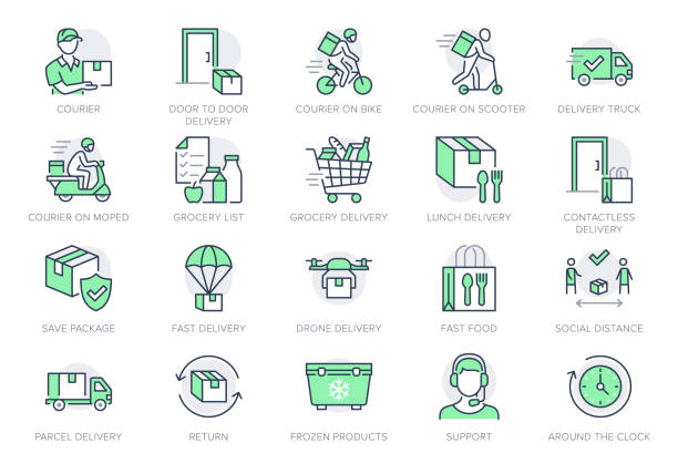Food delivery line icons. Vector illustration included icon as coutier on bike, door contactless delivering, grocery list outline pictogram for fast distribution. Green Color, Editable Stroke Food delivery line icons. Vector illustration included icon as coutier on bike, door contactless delivering, grocery list outline pictogram for fast distribution. Green Color, Editable Stroke. mail clerk stock illustrations