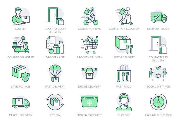 Food delivery line icons. Vector illustration included icon as coutier on bike, door contactless delivering, grocery list outline pictogram for fast distribution. Green Color, Editable Stroke Food delivery line icons. Vector illustration included icon as coutier on bike, door contactless delivering, grocery list outline pictogram for fast distribution. Green Color, Editable Stroke. push scooter illustrations stock illustrations