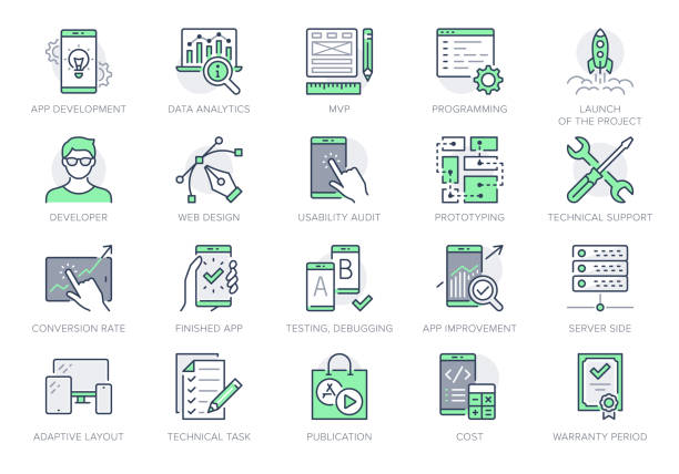 Application development line icons. Vector illustration included icon as mobile software, app ux prototyping, data analytics pictogram for web startup launch. Green Color, Editable Stroke Application development line icons. Vector illustration included icon as mobile software, app ux prototyping, data analytics pictogram for web startup launch. Green Color, Editable Stroke. launch event illustrations stock illustrations