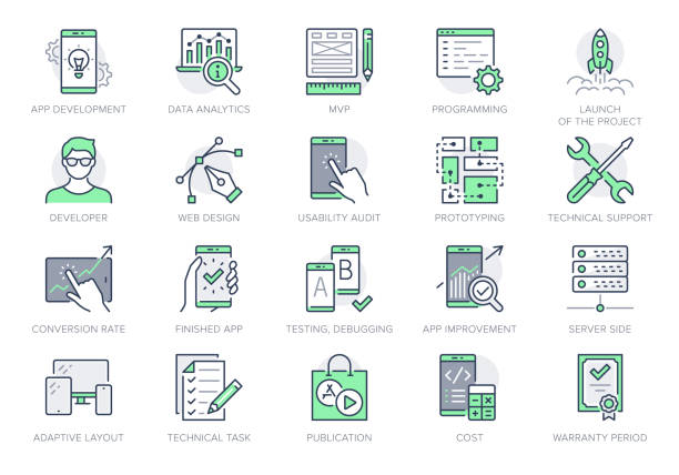 Application development line icons. Vector illustration included icon as mobile software, app ux prototyping, data analytics pictogram for web startup launch. Green Color, Editable Stroke Application development line icons. Vector illustration included icon as mobile software, app ux prototyping, data analytics pictogram for web startup launch. Green Color, Editable Stroke. computer programmer stock illustrations