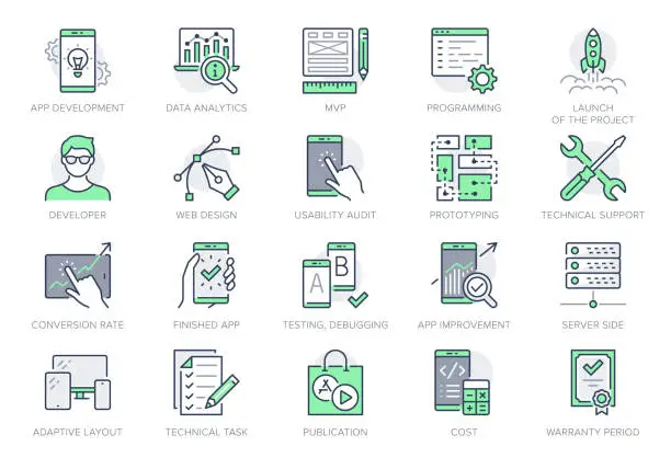 Vector illustration of Application development line icons. Vector illustration included icon as mobile software, app ux prototyping, data analytics pictogram for web startup launch. Green Color, Editable Stroke