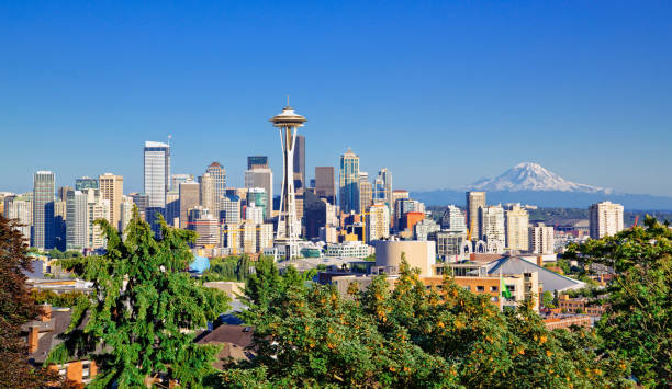 Seattle skyline and Mt Rainier on a clear day stock photo