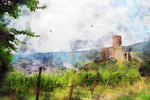 Watercolor illustration of old fort ruin of Bernkastel-Kues among the vineyard right above Moselle river.