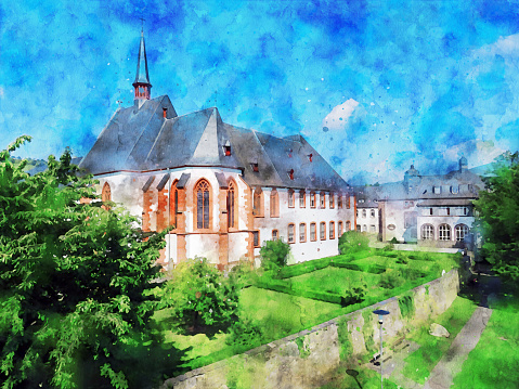 Watercolor illustration of old Cusanusstift monastery at Bernkastel-Kues.