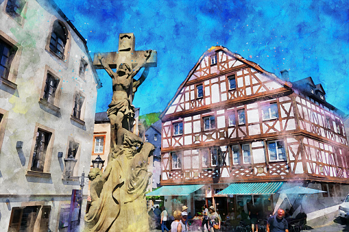 Watercolor illustration of the cityscape of Bernkastel-Kues at Moselle valley in Rhineland-Palatinate (Germany). Shopping street with jesus statue.