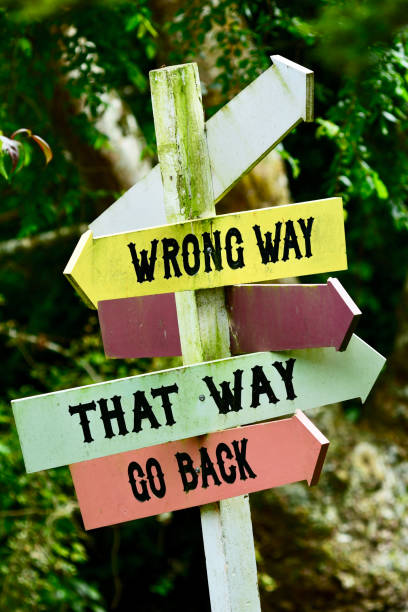 istock A funny colourful road sign which shows directions randomly with meaningless phrases. 1220319286