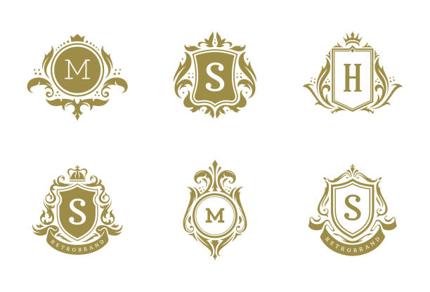 ilustrações, clipart, desenhos animados e ícones de logotipo de ornamento vintage de luxo modelos de crista de projeto conjunto de projeto ilustração vetorial - insignia