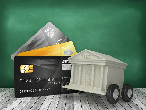 Credit Cards with Bank on Chalkboard - 3D Rendering