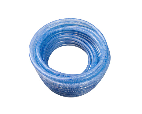 Close-up transparent water hose isolated on white background without shadow. Top view of a rolled blue hose