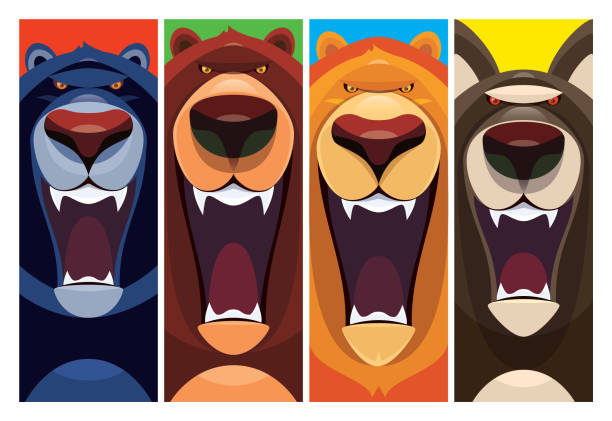 illustrations, cliparts, dessins animés et icônes de loup de lion d’ours de panthère - portrait bouche ouverte