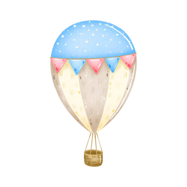 Cute cartoon vintage pastel colored hot air balloon with pink and blue flags on a white background Illustration of a cute cartoon vintage pastel colored hot air balloon with pink and blue flags on a white background watercolor hot air balloon stock illustrations