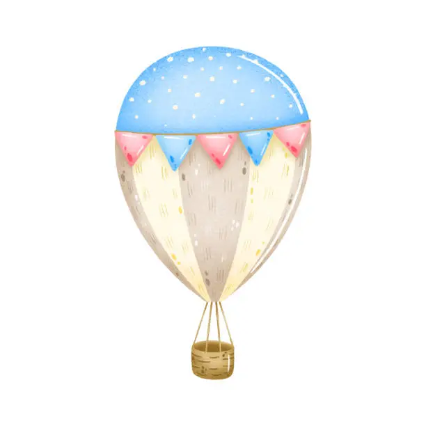 Vector illustration of Cute cartoon vintage pastel colored hot air balloon with pink and blue flags on a white background