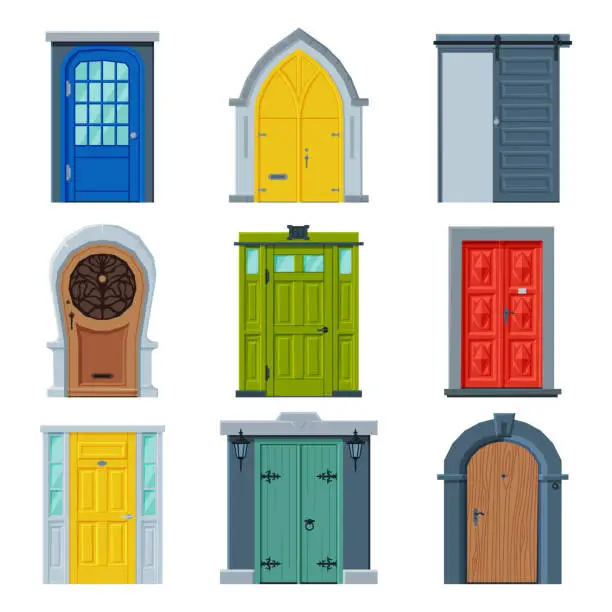 Vector illustration of Doors in Vintage Style Collection, Facades and Apartments Architactural Design Elements Vector Illustration