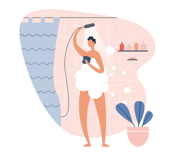 stockillustraties, clipart, cartoons en iconen met mannelijk karakter in pluizig schuim dat douche neemt - douchen