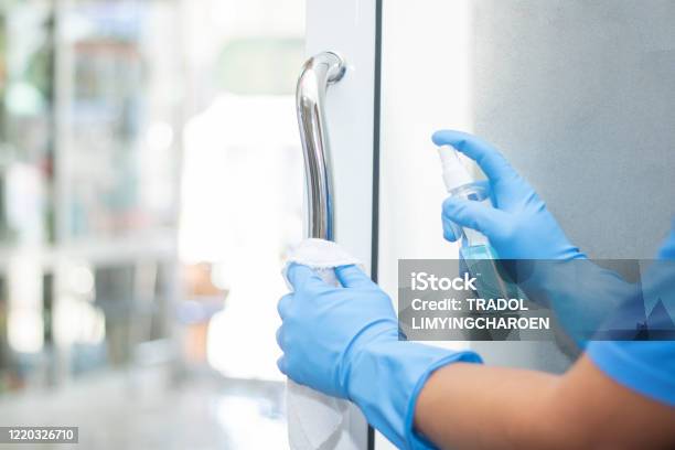 Sanitizer Spray Clean Handle Door Protect Virus Bacteria Corona 2019 Stock Photo - Download Image Now