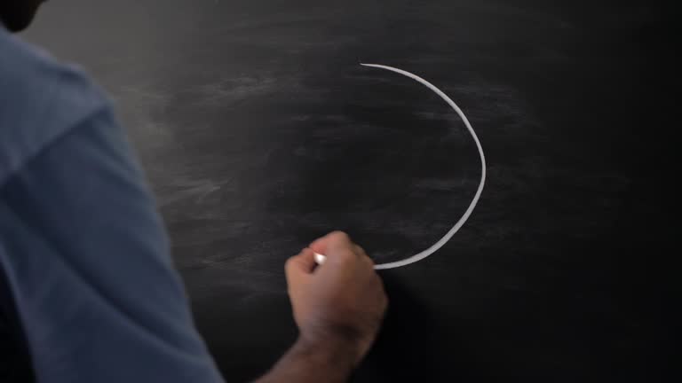 Close up male hand drawing copyright symbol with chalk on chalkboard.