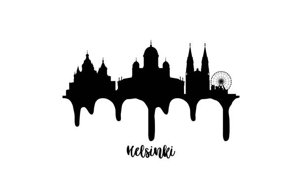 helsinki finnland schwarze skyline silhouette vektor-illustration auf weißem hintergrund mit tropfender tinte effekt. - helsinki stock-grafiken, -clipart, -cartoons und -symbole