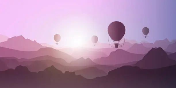 Vector illustration of balloons on mountain landscape