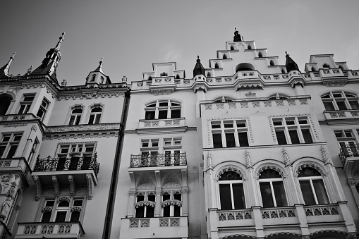 Traditional bohemian buildings with decorated facades (Prague, Czech Republic, Europe)