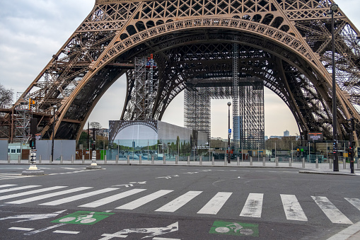Paris, France - March 17 2020: Coronavirus Lockdown in Paris. Nobody in front of the Eiffel tower.