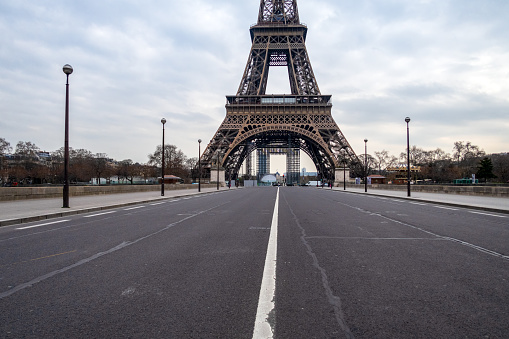 Empty Iena bridge in front of Eiffel Tower during Coronavirus Lockdown in Paris.