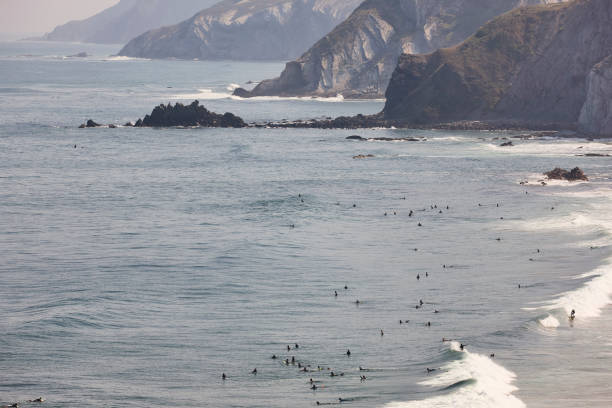 Spanish surfers coastline beach in basque country. Spelana, Spain La Salvaje beach viewed from above. Sopelana, Basque country, Spain sopelana stock pictures, royalty-free photos & images