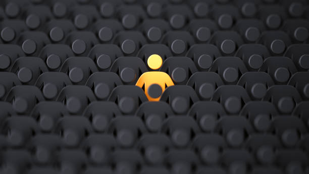 Yellow human shape among dark ones. Standing out of crowd concept Unique color yellow human shape among dark ones. Leadership, individuality and standing out of crowd concept. 3D illustration concept stock pictures, royalty-free photos & images