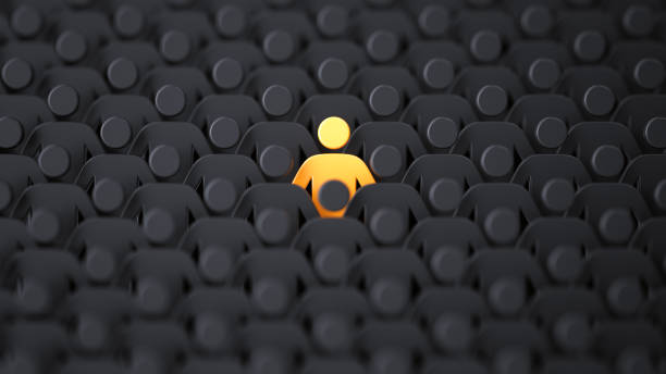 Yellow human shape among dark ones. Standing out of crowd concept Unique color yellow human shape among dark ones. Leadership, individuality and standing out of crowd concept. 3D illustration leadership concept stock pictures, royalty-free photos & images